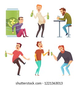 Alcoholic character. Abuse and addicted man drugs and booze vector cartoon illustrations. Alcoholism with bottle beer, addiction alcohol