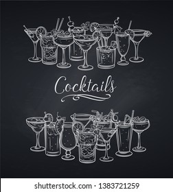 Alcoholic cocklails banner, chalkboard. Summer beach alcoholic drinks. Engraving holiday and beach party vector background. Long island, bloody mary, margarita, mai tai, pina colada, blue lagoon