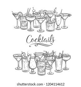 Alcoholic cocklails banners. Summer beach alcoholic drinks. Engraving holiday and beach party vector background. Long island, bloody mary, margarita, mai tai, pina colada, blue lagoon