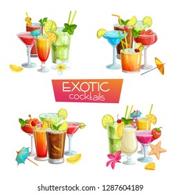 Alcoholic cocklails banners. Summer beach alcoholic drinks. Holiday and beach party vector background. Long island, bloody mary, margarita, mai tai, pina colada, blue lagoon