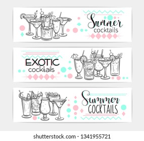 Alcoholic cocklails banners. Summer beach alcoholic drinks. Engraving holiday and beach party vector background. Long island, bloody mary, margarita, mai tai, pina colada, blue lagoon