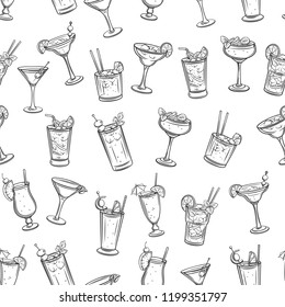 Alcoholic cocklails seamless pattern. Summer alcoholic drinks. Engraving holiday and beach party vector background. Long island, bloody mary, margarita, mai tai, pina colada, blue lagoon.