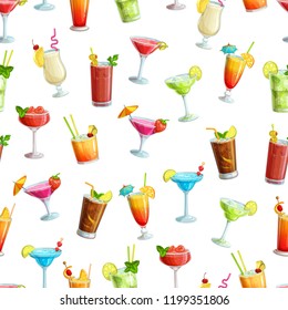 Alcoholic cocklails seamless pattern. Summer alcoholic drinks. Holiday and beach party vector background. Long island, bloody mary, margarita, mai tai, pina colada, blue lagoon.