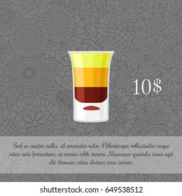 Alcoholic cocktail B-52 card template with price and patterned background. Vector illustration