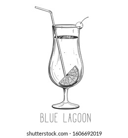 Alcoholic cocktail - blue lagoon isolated on white background. Hand-drawn vector illustration