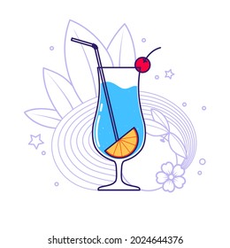 Alcoholic cocktail - blue lagoon with orange and leaves in the background. Vector illustration isolated on white background