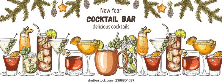 Alcoholic cocktail. Christmas menu. Hand drawn vector illustration. Hand drawn drinks illustration. Cocktails set. Menu design elements.