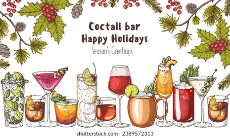 Cóctel alcohólico. menú de Navidad. Ilustración vectorial dibujada a mano. Ilustración de bebidas dibujadas a mano. Cócteles. Elementos de diseño de menú.