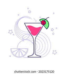 Alcoholic cocktail - cosmopolitan with lime and stars in the background. Vector illustration isolated on white background