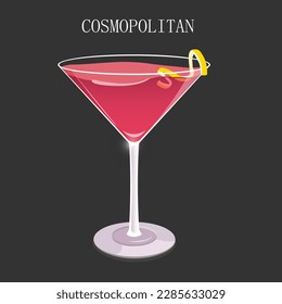 Alcoholic cocktail Cosmopolitan in a martini glass with lemon zest on a dark background with text. Vector illustration EPS10