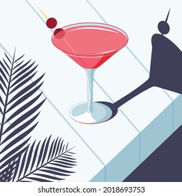 Alcoholic cocktail, cosmopolitan martini style midcentury. Vector image