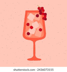 Alcoholic cocktail with currants, berries, ice cubes. Berry liquid with soda and gin tonic. Wine in stemware glass. Alcohol drink for bar. Non-alcoholic beverage. Flat vector illustration with texture