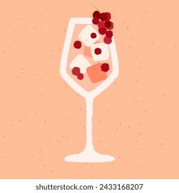 Alcoholic cocktail with currants and ice cubes. Berry wine. Wine in stemware glass. Alcohol drink for bar. Non-alcoholic beverage. Flat vector illustration with texture