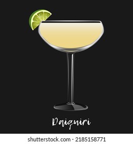 Alcoholic cocktail daiquiri on black background. Bar drink, beverage in glass for menu. Vector illustration