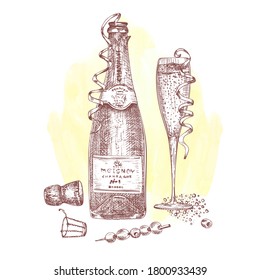 Alcoholic cocktail drink Hand drawn sketch art on watercolor background Champagne, bubbly, fizz Vintage design for bar, restaurant, cafe menu, flyer, banner, poster Engraving style vector illustration