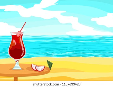 Alcoholic cocktail drink on a table in a restaurant near the ocean. Tropical rest for tourists - poster. Banner for cocktail party on the beach. Bright sunny day in summer - holiday season