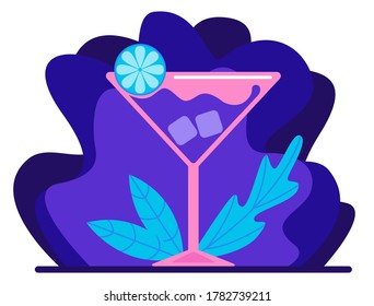 Alcoholic cocktail in glass decorated with lemon. Drink on dark background. Flat design. Vector illustration.