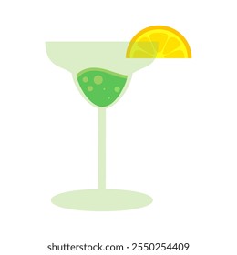 Alcoholic cocktail in glass garnished with slice of lemon. Element of Hispanic holiday Cinco De Mayo. Mexican holiday icon. Simple cartoon vector element isolated on white background