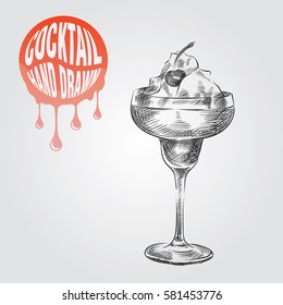 Alcoholic Cocktail in glass hand drawn sketch isolated on white background and colored blob with drops. Cocktail sketch elements vector illustration.