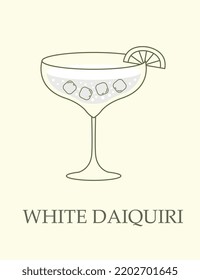 Alcoholic cocktail in goblet. Delicious drink made from light rum, lime juice and sugar. Popular White Daiquiri. Design element or infographic for bar or price list. Cartoon flat vector illustration