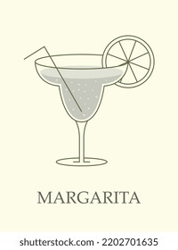 Alcoholic cocktail in goblet. Margarita made from tequila, liquor and lime juice garnished with fruit slice. Popular drink in bars. Design element for cafe menu. Cartoon flat vector illustration