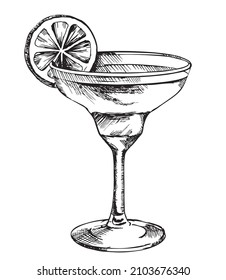 Cóctel alcohólico, ilustración vectorial retro dibujada a mano. Símbolo de sketch de Hand Drawn Martinez. Plantilla para el diseño del menú de barras, boceto vintage sobre fondo blanco.