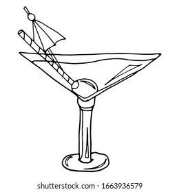 Alcoholic cocktail hand drawn sketch vector illustration. Vintage cocktail icon, martini with olive, beverage pencil drawing for bar or pub menu. Alcohol cocktail in glass isolated on white background