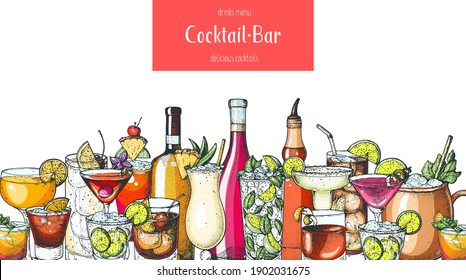 Alcoholic cocktail. Hand drawn vector illustration. Hand drawn drinks illustration. Cocktails set. Menu design elements.