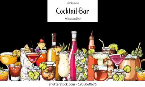 Alcoholic cocktail. Hand drawn vector illustration. Hand drawn drinks illustration. Cocktails set. Menu design elements.