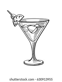 Alcoholic cocktail hand drawn vector illustration. Vintage cocktail icon with ice, lime and berries, beverage pencil drawing for bar or pub menu. Alcohol cocktail in glass isolated on white background