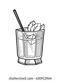 Alcoholic cocktail hand drawn vector illustration. Vintage cocktail icon with ice, and leaves of mint, beverage pencil drawing for bar or pub menu. Cocktail in glass isolated on white background
