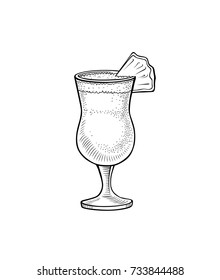 Alcoholic cocktail hand drawn vector illustration. Vintage cocktail icon with ice, with pineapple, beverage for bar or pub menu. Alcohol cocktail in glass isolated on white background