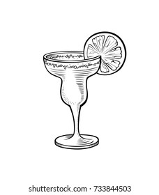 Alcoholic cocktail hand drawn vector illustration. Vintage cocktail icon with ice, with orange, beverage for bar or pub menu. Alcohol cocktail in glass isolated on white background