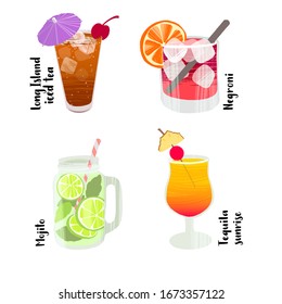 Alcoholic cocktail. Handwritten lettering and hand drawn glasses with different beverage for design menu, bar decoration, packages. Colorful flat vector set.