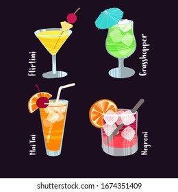 Alcoholic cocktail. Handwritten lettering and hand drawn glasses with different beverage for design menu, bar decoration, packages. Colorful flat vector set.