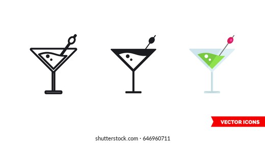 Alcoholic cocktail icon of 3 types: color, black and white, outline. Isolated vector sign symbol. Martini.