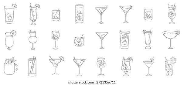 Conjunto de iconos de cóctel alcohólico. Iconos de cóctel de contorno minimalista simple sobre fondo blanco. El set incluye mojito, whisky y bebidas mixtas. Conjunto de iconos para restaurante, bar y pub. Ilustración vectorial