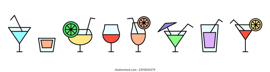 Alcoholic cocktail icons set. Cocktail glasses flat icons. Vector isolated on white background.