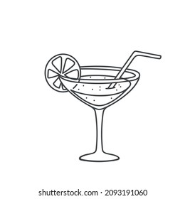 Alcoholic cocktail with lemon and straw outline icon. Simple linear sketch vector illustration