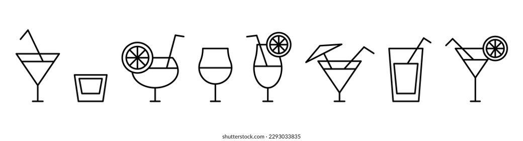 Alcoholic cocktail line icons set. Cocktail glasses icon. Vector isolated on white background.