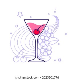 Alcoholic cocktail - manhattan with cherry flowers and stars in the background. Vector illustration isolated on white background