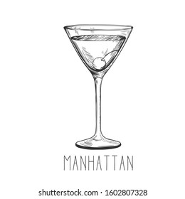 Alcoholic cocktail - manhattan with cherry isolated on white background. Hand-drawn vector illustration