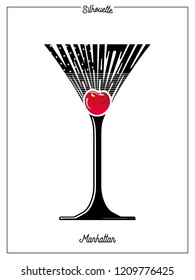 Alcoholic cocktail. Manhattan. Silhouette style. Cocktail glass. Clip art. Bar menu. typography. retro style.Holiday party vector illustration.