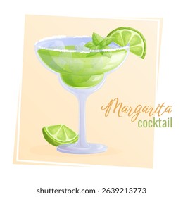 Alcoholic cocktail margarita in a glass, ice, mint, lime slice. The concept of a party, cocktail bar. Isolated vector illustration for menu design, posters, banners, covers