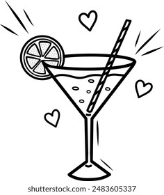 Alcoholic cocktail in a martini glass with an orange and a straw. Suitable for website, logo, menu concept, corporate design and bar decoration. Vector contour black and white illustration.