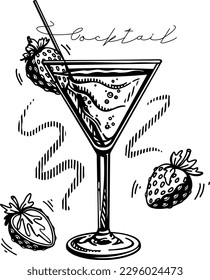 Alcoholic cocktail Martini with strawberry hand-drawn vector illustration. Black and white sketch