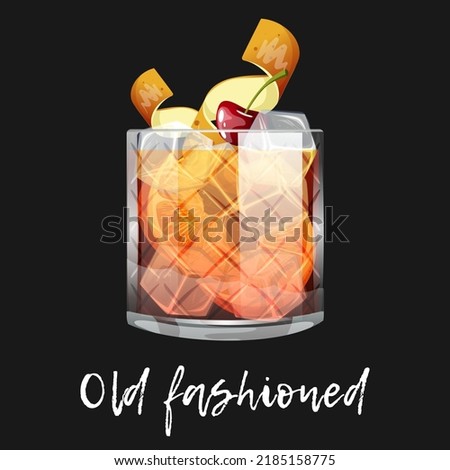 Alcoholic cocktail old fashioned on black background. Bar drink, beverage in glass for menu. Vector illustration