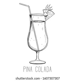 Alcoholic cocktail - pina colada isolated on white background. Hand-drawn vector illustration