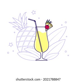 Alcoholic cocktail - pina colada with pineapple and leaves in the background. Vector illustration isolated on white background