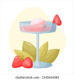 Alcoholic cocktail of pink champagne with ice cream and strawberries. Summer drinks.